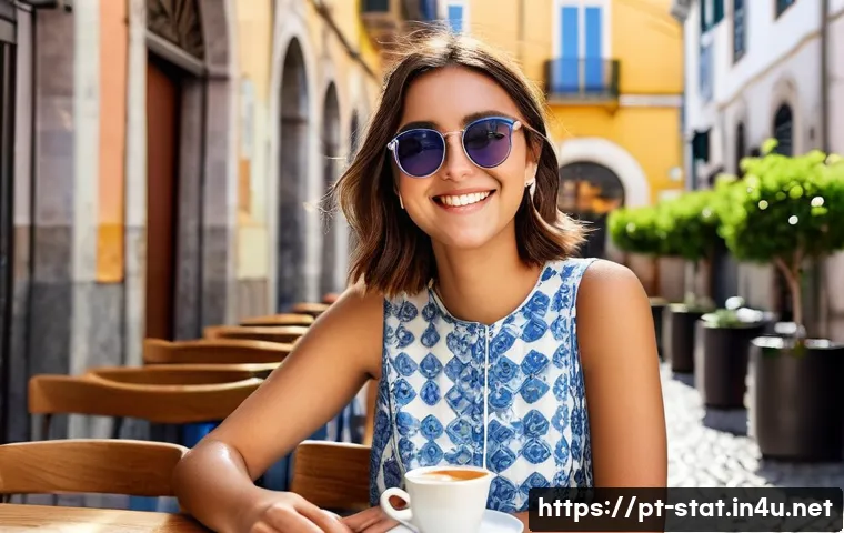 통계분석 도구 비교 및 선택 방법 - **Prompt:** "A young woman in her early 20s, sitting at a cafe table in Lisbon, Portugal. She's wear...