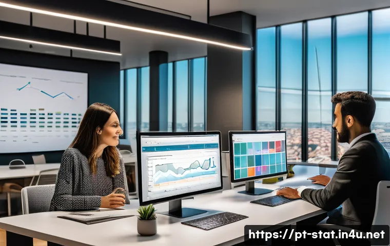 통계 분석가 연봉 수준 - A modern office environment in Lisbon with a diverse group of professional data analysts, dressed in...