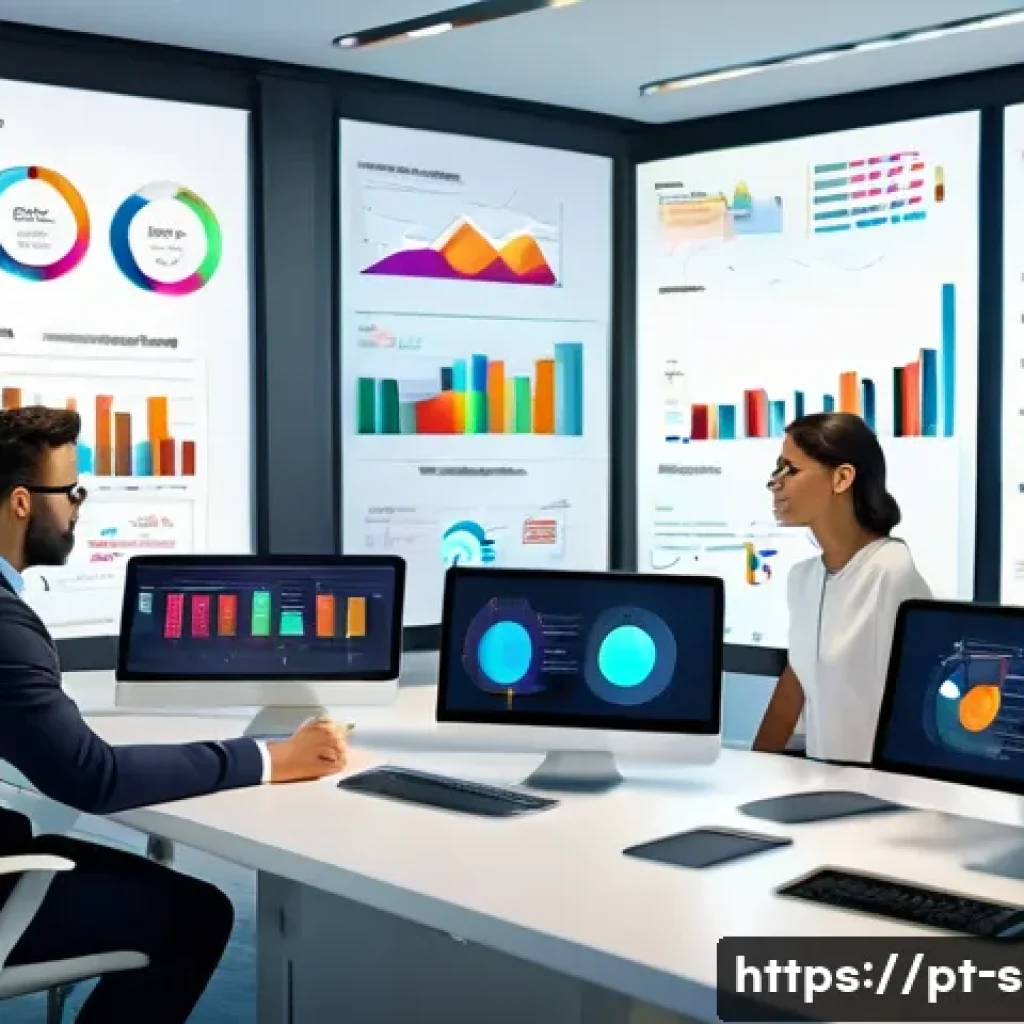 통계분석과 빅데이터의 연계 사례 - A modern office scene featuring a diverse team of business professionals analyzing interactive data ...