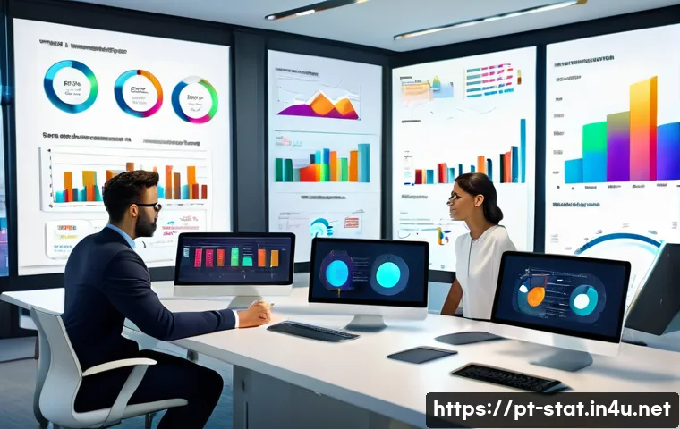 통계분석과 빅데이터의 연계 사례 - A modern office scene featuring a diverse team of business professionals analyzing interactive data ...