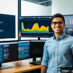 Home 18 통계분석 실무와 이론의 차이 - A modern data analyst workspace in a Brazilian office, featuring a young professional wearing busine...
