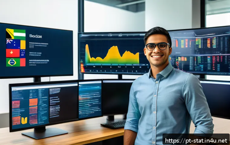통계분석 실무와 이론의 차이 - A modern data analyst workspace in a Brazilian office, featuring a young professional wearing busine...